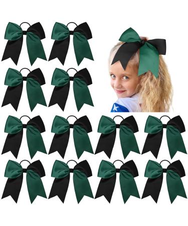 12 PCS 8 Large Cheer Bows Black Green Girl Hair Bows Cheerleading Softball Bow Hair Ties Hair Accessories for cheerleaders football Competition Sports 12-Black/Green