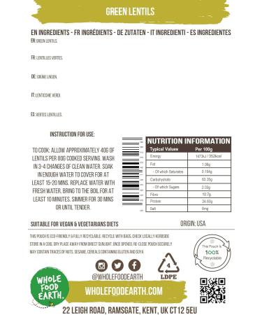 Wholefood Earth Green Lentils 1 kg | GMO Free | Natural | High Fibre | High Protein 1kg - Buy Online on GoSupps.com