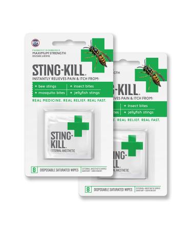 Sting-Kill First Aid Anesthetic Wipes, Instant Pain + Itch Relief from Bee Stings and Bug Bites, 8-Count (Pack of 2)