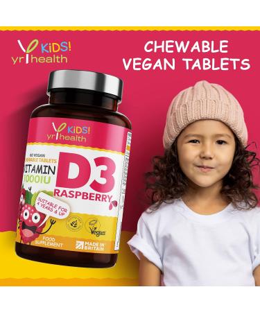 Kids Vitamin D3 1000 iu High Strength - Raspberry Flavour Chewables for 4-12 Years - Vegan Society Registered - 2 Months Supply - Made in UK - Buy Online on GoSupps.com