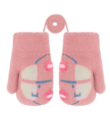 Girls Boys Cute Fox Knitting Short Full Finger Gloves Toddler Kids Winter Thermal Plush Lining Cycling Camping Gloves Mitten for 1-3 Yrs Car/Pink