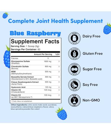 Flexy Joints Complete Joint Support Powder - Glucosamine Chondroitin MSM Boswellia D3 K2 for Mobility & Inflammation Relief - Blue Raspberry Flavor | 60 Servings - Buy Online on GoSupps.com