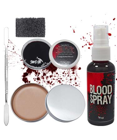 Fake Blood Spray Makeup Kit with Stainless Steel Sponge Coagulated Blood Gel Special Effects Halloween Zombie Wound Modeling Skin Scar Wax SFX Makeup Kit for Cosplay Halloween
