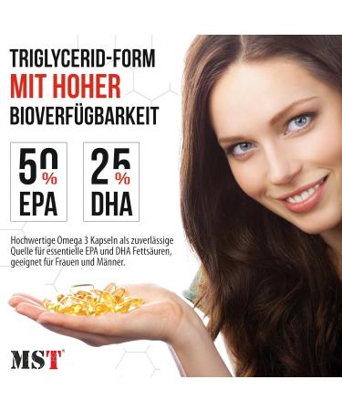 MST Omega 3 triglyceride 75 high dose 1000 mg fish oil per capsule 750 mg omega 3 fatty acids EPA + DHA better bioavailability pure & laboratory tested 180 capsules - Buy Online on GoSupps.com
