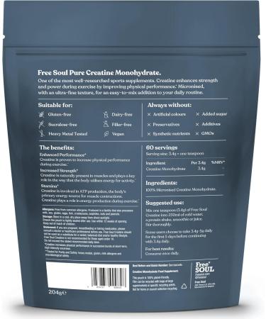 Creatine Monohydrate Powder | 100% Pure Micronised Creatine Monohydrate | Easily Dissolves | Unflavoured | Vegan | Lab-Tested | 60 Servings | Free Soul - Buy Online on GoSupps.com