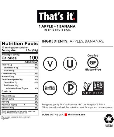 Thatâ€™s It Nutrition Apples + Banana Fruit Bars - 100% Natural, Paleo, Non-GMO, Sugar-Free, 12 Pack - Buy Online on GoSupps.com