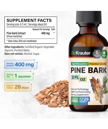 BIO KRAUTER Pine Bark Extract - Rich in Antioxidants Liquid Supplement - 400 mg French Maritime Pine Bark Extract Drops - Vegan Alcohol & Sugar Free - 2 Fl Oz 2 Fl Oz (Pack of 1) - Buy Online on GoSupps.com