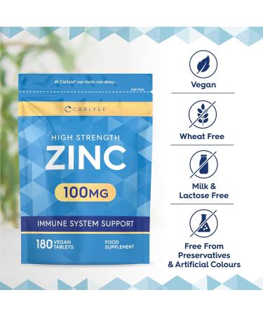 Zinc Supplements 100mg | High Strength Zinc Tablets | 180 Count | Suitable for Vegetarians & Vegans | Carlyle - Buy Online on GoSupps.com