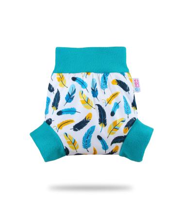 Petit Lulu Pull Up Cloth Nappy Wrap | Size M | Washable Diaper Wrap | Reusable Cloth Nappies | Made in Europe (Turquoise Feathers)