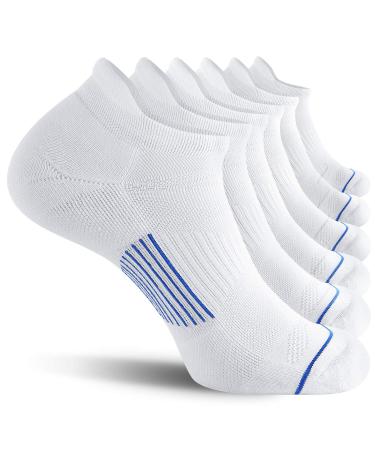 FITRELL Men's 6 Pack Ankle Running Socks Low Cut Cushioned Athletic Sports Socks 7-9/9-12/12-15 White+blue 7-9