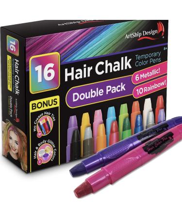 Hair Chalk 16 Colors with 6 Glitter Colors Temporary Hair Color Pens with Glitter and Creaseless Hair Ties Glitter Bonus