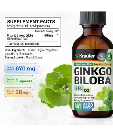 BIO KRAUTER Ginkgo Biloba for Brain Support - Pure Vegan Ginkgo Biloba Supplement 670 mg - Supports Calm Focus & Memory - Alcohol & Sugar Free 2 Fl.Oz 28-Day Supply Liquid Drops for Brain Health 2 Fl Oz (Pack of 1) - Buy Online on GoSupps.com