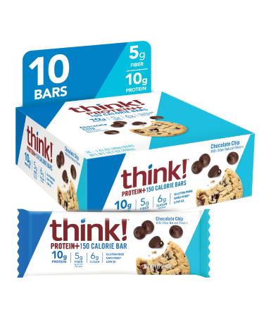 think! Protein Bars with Chicory Root for Fiber, Digestive Support, Gluten Free with Whey Protein Isolate, Chocolate Chip, Snack Bars without Artificial Sweeteners, 1.4 Oz (10 Count) Chocolate Chip 10 Count (Pack of 1)