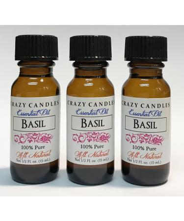 Basil Essential Oil 3 Bottles 1/2 Fl Oz Each (15ml) 100% Pure All Natural Aromatherapy Grade by Crazy Candles (A Sweet Licorice-Like Aroma Basil Oil is Very Soothing) Imported from India