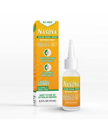 Nasova Saline Spray with Menthol and Eucalyptus (0.5 Ounce) Moisturizing, Cooling Spray for Nasal Dryness Relief, Clear Nasal Passages from Allergens, Dust, and Irritants