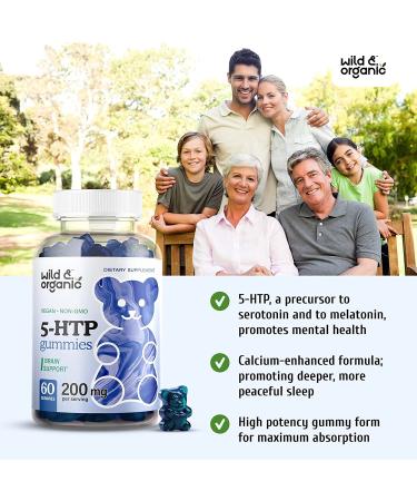 Organic Blueberry Flavored 5-HTP Gummies - Stress Relief & Mood Support Supplement with Melatonin and Serotonin Booster - 200mg 60 Chews - Buy Online on GoSupps.com