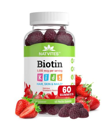 Natvites Kids Biotin Gummies for Hair Growth Support - Biotin 5000mcg Kids Hair Skin & Nails Gummies for Boys and Girls - Vegetarian Gluten Free Vitamin B7 - Hair Nails & Skin Vitamins (60 Count)