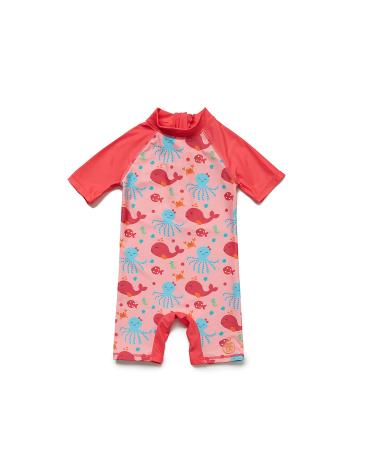 BONVERANO Baby Girls Sunsuit/Swimsuit UPF 50+ Sun Protection One Pieces Short Sleeves with Sun Hat. Watermelon Red 9 Months