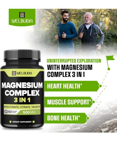 3in1 Magnesium Complex 20% Purified - 500mg of Magnesium Bisglycinate Citrate & Oxide for Muscle Relaxation Mood Bone Health & More - 90 Capsules - Buy Online on GoSupps.com