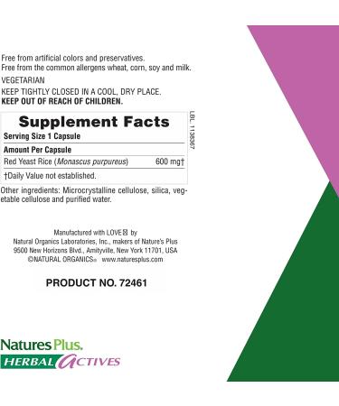NaturesPlus Herbal Actives Red Yeast Rice 600mg - 120 Vegan Capsules | Cholesterol Support Supplement with Maximum Potency | Vegetarian & Gluten-Free - Buy Online on GoSupps.com