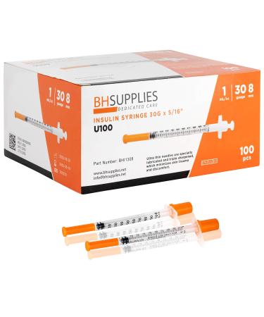 BH Supplies Insulin Syringes U-100 30G 1ml/cc 5/16" (8mm) Pack of 100 Pcs