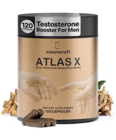 Essencraft Atlas X Testosterone Supplement for Men 10-in-1 Natural Testosterone Booster & Muscle Booster w/Shilajit Zinc Tongkat Ali & More (120 Capsules)