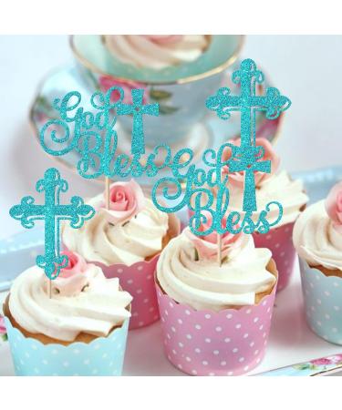 Rsstarxi 24 Pack God Bless and Baptism Cupcake Toppers Glitter Cross God Bless Cupcake Picks Decorations for Babyshower Christian First Communion Baptism Party Cake Decorations Blue - Buy Online on GoSupps.com