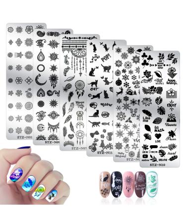 Mwoot 6Pcs Pretty Nail Art Stamping Plate Set Cat Feather Snowflakes Leaves Theme Manicure Print Tool