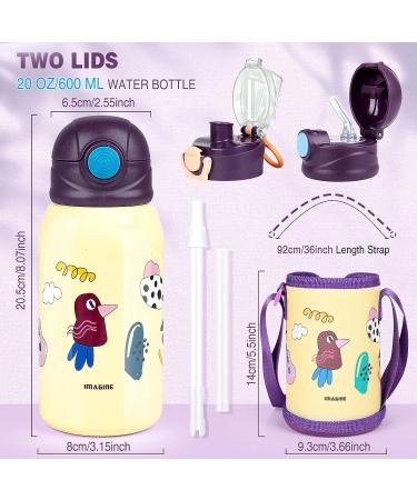 Kids Insulated 20oz Yellow Water Bottle with Straw Lid - Stainless Steel, Two Lids, Cover, and Strap - Buy Online on GoSupps.com