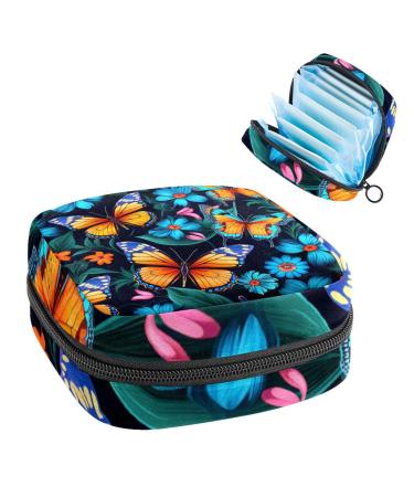 Anna Cowper Blue Flower Butterfly Sanitary Napkin Storage Bag Feminine Menstrual Cup Pouches Nursing Pad Holder Tampon Bags Portable Period Bag for Women Teen Girls 1Pcs Multi-colored 3
