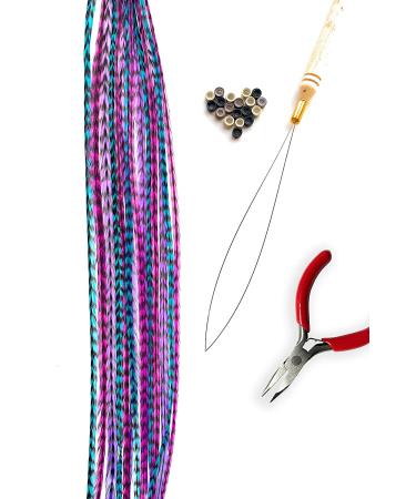 Real Rooster Feather Hair Extensions in Pink, Purple, Blue - B1 Striped Kit - Buy Online on GoSupps.com