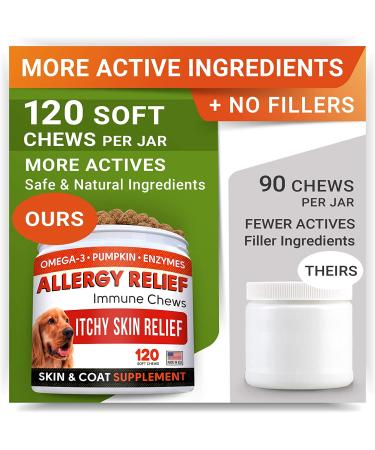 STRELLALAB Allergy Relief Dog Treats with Omega 3, Pumpkin, Enzymes, and Turmeric - Itchy Skin Relief - Made in USA Chicken - 120 Count - Buy Online on GoSupps.com