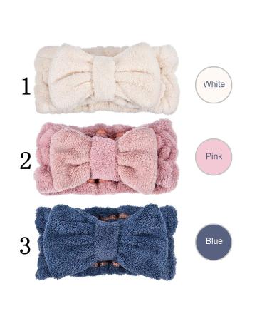 Zocone Makeup Hair Bands - 3pcs Bowknot Headbands | Coral Fleece Spa & Facial Cleaning Set (White Pink Blue) - Buy Online on GoSupps.com