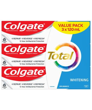 Colgate Total Whitening Toothpaste - 3 Pack 120 mL Fluoride Teeth Whitening Toothpaste Stain Removal with Tartar Protection Brightens Your Smile Prevents Cavities Protects Sensitive Teeth
