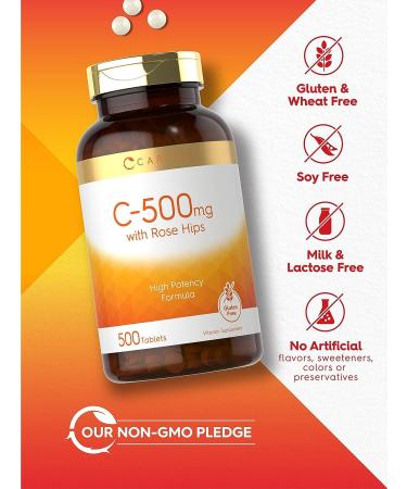 Carlyle Vitamin C 500mg with Rose Hips | 500 Tablets | High Potency, Vegetarian, Non-GMO & Gluten-Free - Buy Online on GoSupps.com