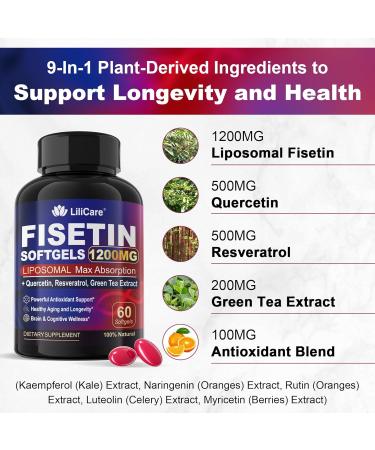 LILICARE Fisetin Supplement - Liposomal Super Absorption 98% Pure 1200mg with Quercetin, Resveratrol, Green Tea Extract for Healthy Aging & Longevity, Skin Health, Brain & Antioxidant - 60 Softgels - Buy Online on GoSupps.com