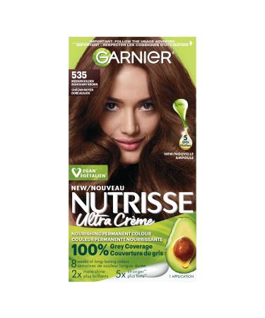 Garnier Nutrisse Ultra Cr me Permanent Hair Dye 100% Grey Coverage Vegan Formula Nourished Hair Long-Lasting Rich Colour 535 Medium Golden Mahogany Brown 1 Application Packaging May Vary BROWN SHADES 535 Medium Golden Mahogany Brown