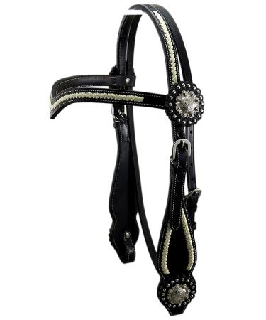 Thor Equine Headstall Miles Western Bridle with Rawhide and Concha V-Shaped Black Black Full