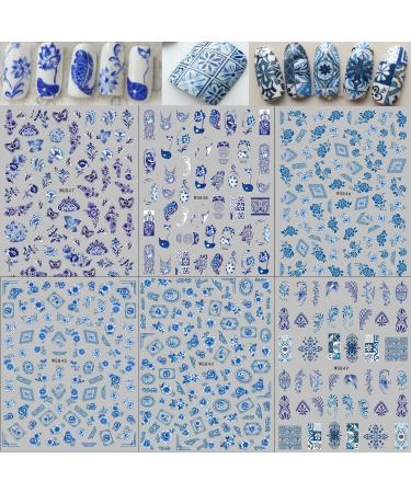 Publi 6 Sheets Blue Flower Nail Art Stickers Chinese Style Blue & White Porcelain Pattern Design 3D Self-Adhesive Nail Decals Retro Style DIY Nail Decorations for Women Girls