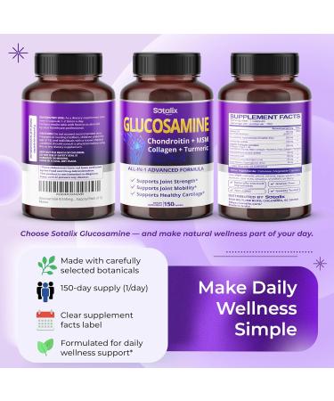 Sotalix Glucosamine 650mg All-in-1 Joint Support with Chondroitin MSM Collagen Turmeric Vitamin D3 & Hyaluronic Acid 150 Capsules Shellfish-Free - Buy Online on GoSupps.com