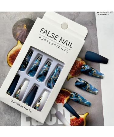 Navy Blue False Nails with Glitter and Rhinestones - 24Pcs Matte & Glossy Coffin Fake Nails for Women - Buy Online on GoSupps.com