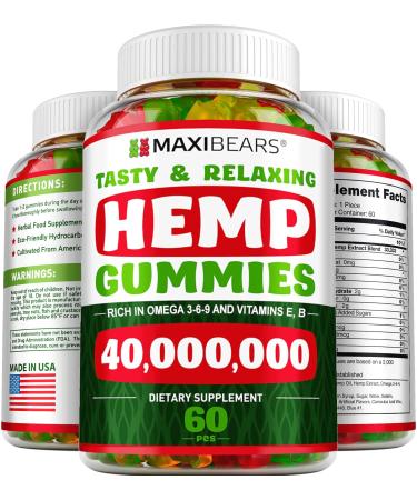 Maxibears Hemp Gummies - Rich in Vitamins B, E & Omega 3-6-9 - High Potency Herbal Gummies - 60 pcs