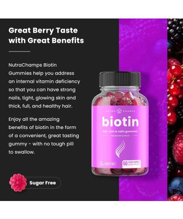 NutraChamps Sugar Free Biotin Gummies 10000mcg High Potency - Healthy Hair, Skin & Nails for Women, Men & Kids - 5000mcg in Each Gummy - Vegan, Non-GMO, Hair Health Vitamins Supplement - Raspberry 60 Count (Pack of 1) - Buy Online on GoSupps.com