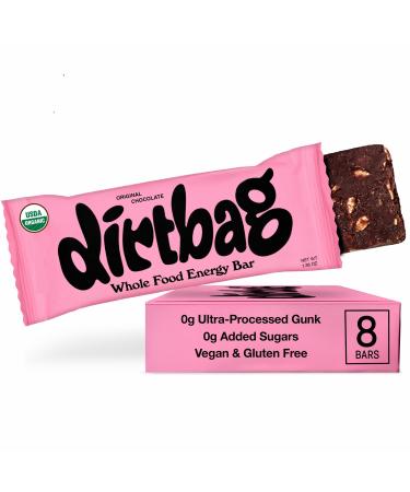 Dirtbag Bar Organic Whole Food Energy Bar with Clean Plant Protein Original Chocolate 8 Pack Dates Oats Nuts 100% Dark Chocolate NO Ultra-Processed Gunk Vegan & Gluten Free.