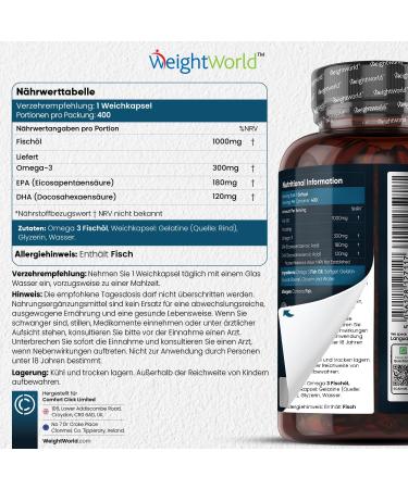 Omega 3 Fish Oil 1000mg - 400 Soft Capsules | 1+ Year Supply of EPA & DHA for Heart Brain & Blood Pressure | Sustainable Natural Anchovy Oil - Weightworld - Buy Online on GoSupps.com