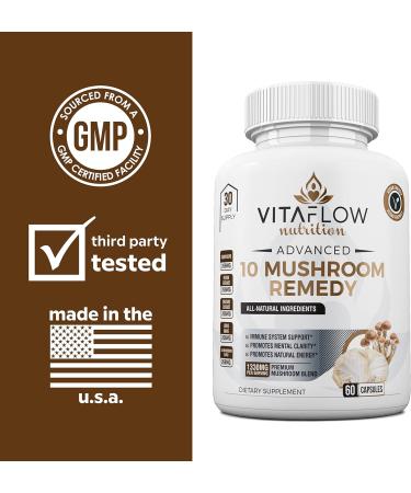 VITAFLOW 10 Mushroom Remedy- 60 Capsules with Lion's Mane, Reishi, Shiitake - Brain Boosting Immune Support - Buy Online on GoSupps.com