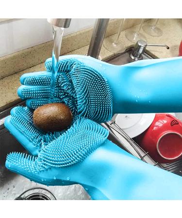 Silicone Hand Gloves Reusable Rubber Sponge Scrubbers Good Use for Kitchen Dishwasher Fruit Household Cleaning (Blue) - Buy Online on GoSupps.com