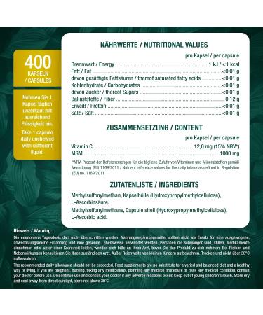 Buy Pharmavital Vegan MSM & Vitamin C Capsules (400 pcs) - High Dose 1000mg Methylsulfonylmethane from Germany | International Shipping - Buy Online on GoSupps.com