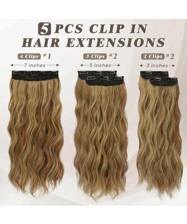 BARSDAR Clip In Extensions - 5 PCs Long Wavy Synthetic Hair 45 cm Toffee Brown with Gold Blonde Highlights for Women & Girls - Buy Online on GoSupps.com