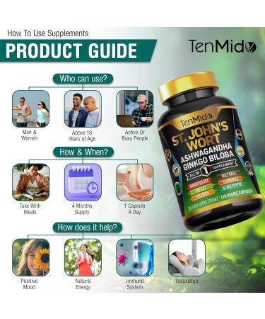 Tenmido St.John's Wort Supplement - 8in1 Formula - Combine with Ashwagandha Ginkgo Biloba Shilajit Valerian Holy Basil Chamomile and Black Pepper - 120 Vegan Capsules for 4 Months Supply - Buy Online on GoSupps.com